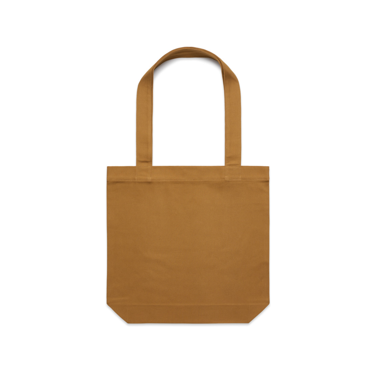 Camel tote bag met lange hengsels en zonder bedrukking, op een witte achtergrond.