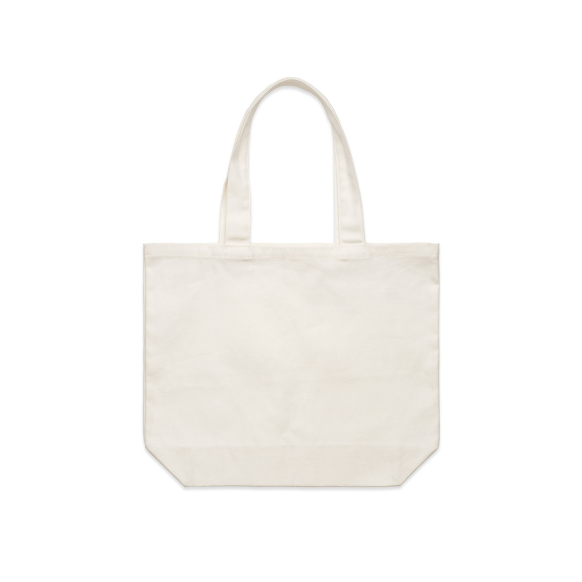 Cream tote bag met lange hengsels en zonder bedrukking, op een witte achtergrond.