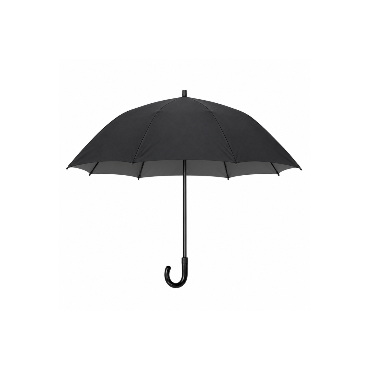 Geopende donker nickel paraplu met zichtbaar zwart frame, zwarte steel en gebogen zwart handvat op een witte achtergrond.