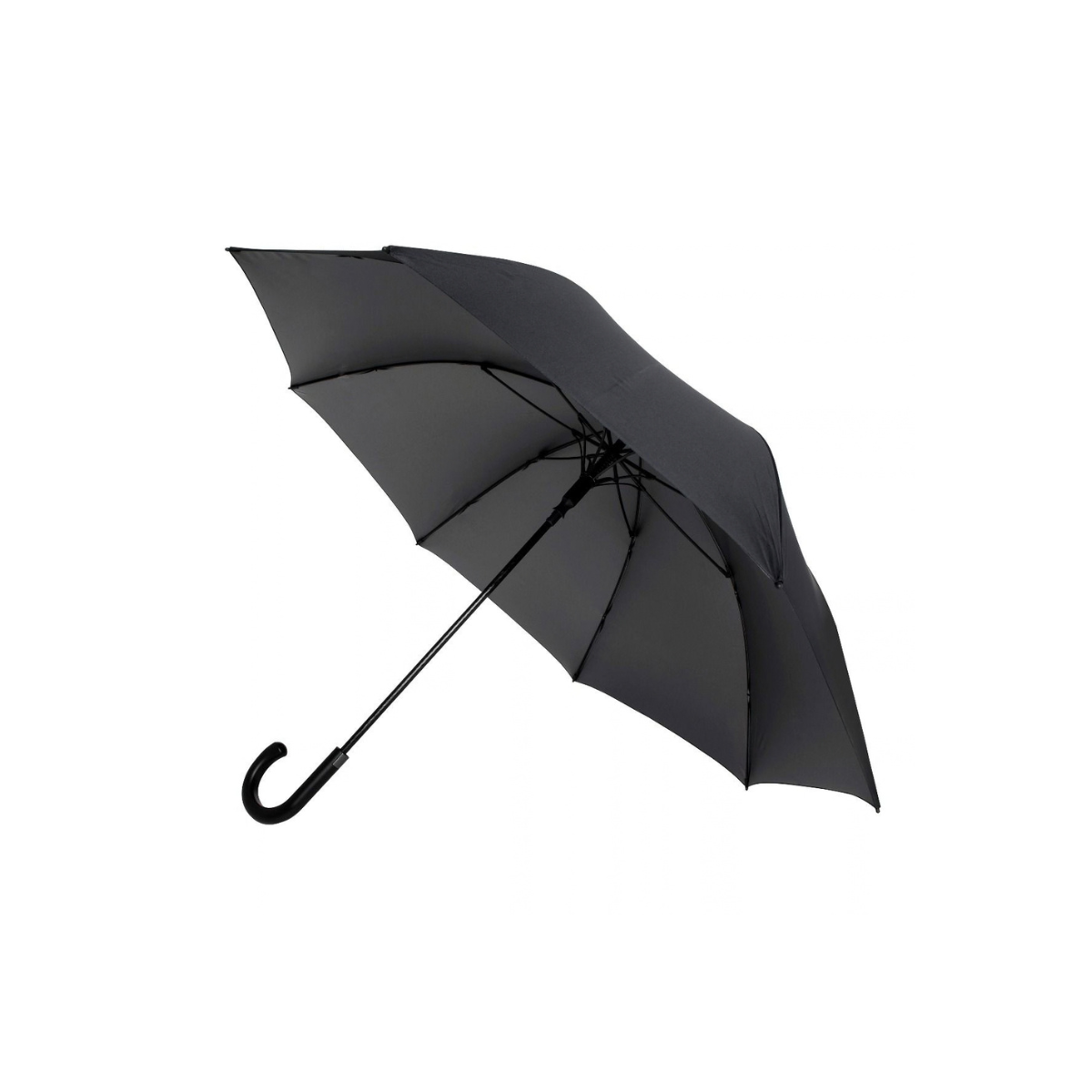 Geopende donker nickel paraplu met zichtbaar zwart frame, zwarte steel en gebogen zwart handvat op een witte achtergrond.