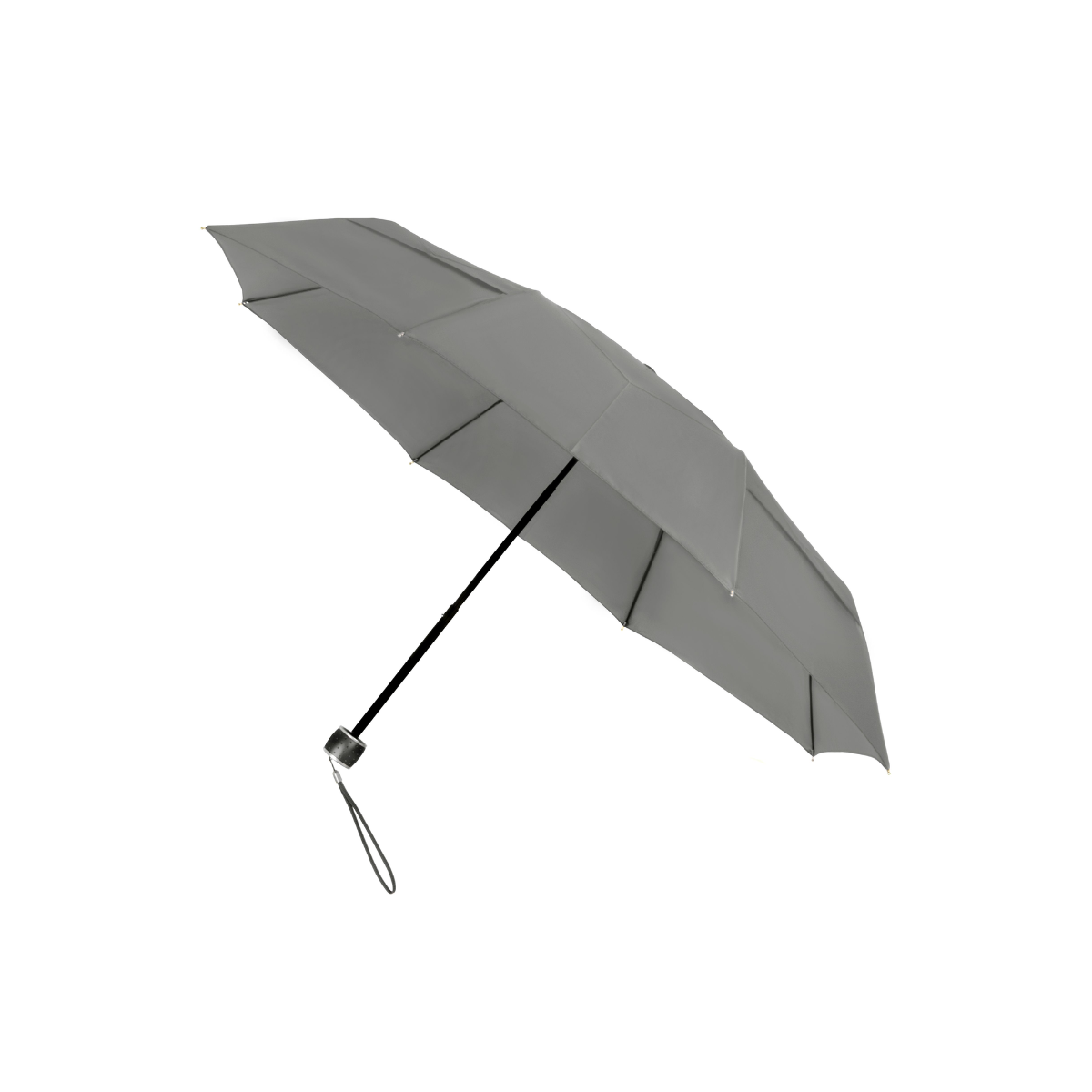 Geopende grijze paraplu met zwarte steel, donkergrijs handvat en polsband op een witte achtergrond.