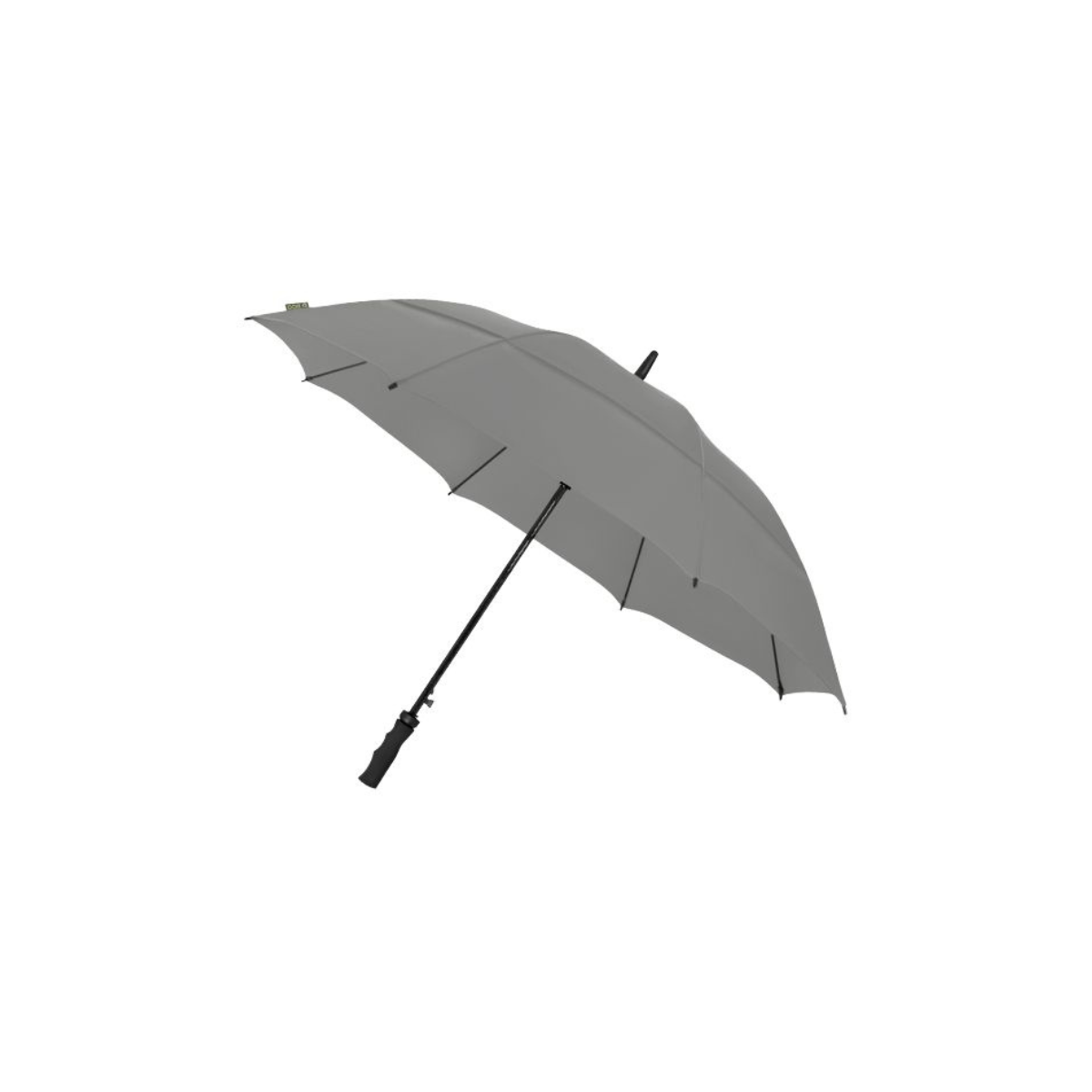 Geopende grijze paraplu met een lange zwarte steel en recht zwart handvat op een witte achtergrond.