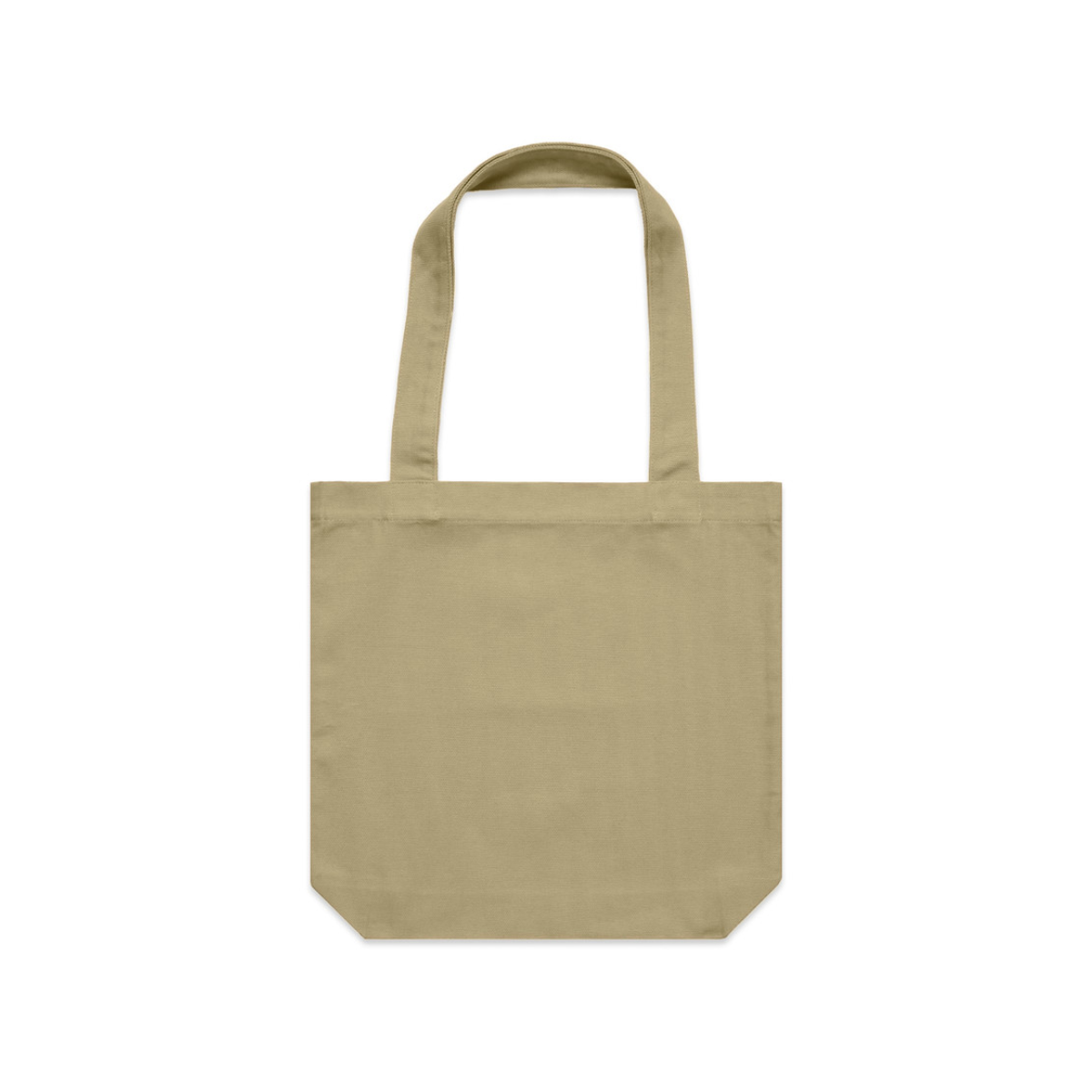 Khaki tote bag met lange hengsels en zonder bedrukking, op een witte achtergrond.