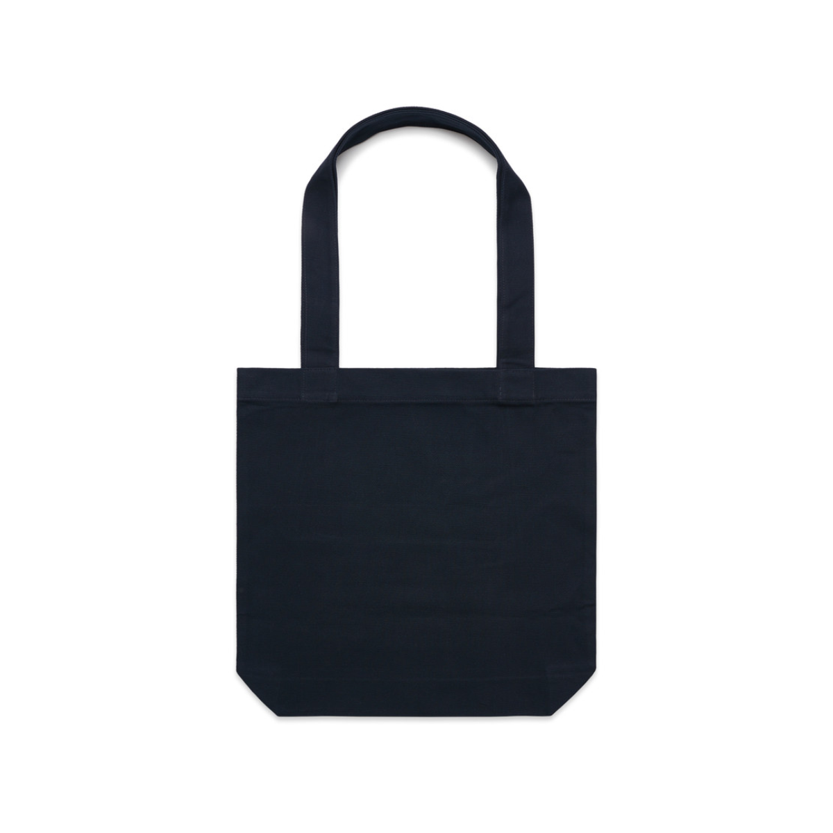 Navy tote bag met lange hengsels en zonder bedrukking, op een witte achtergrond.