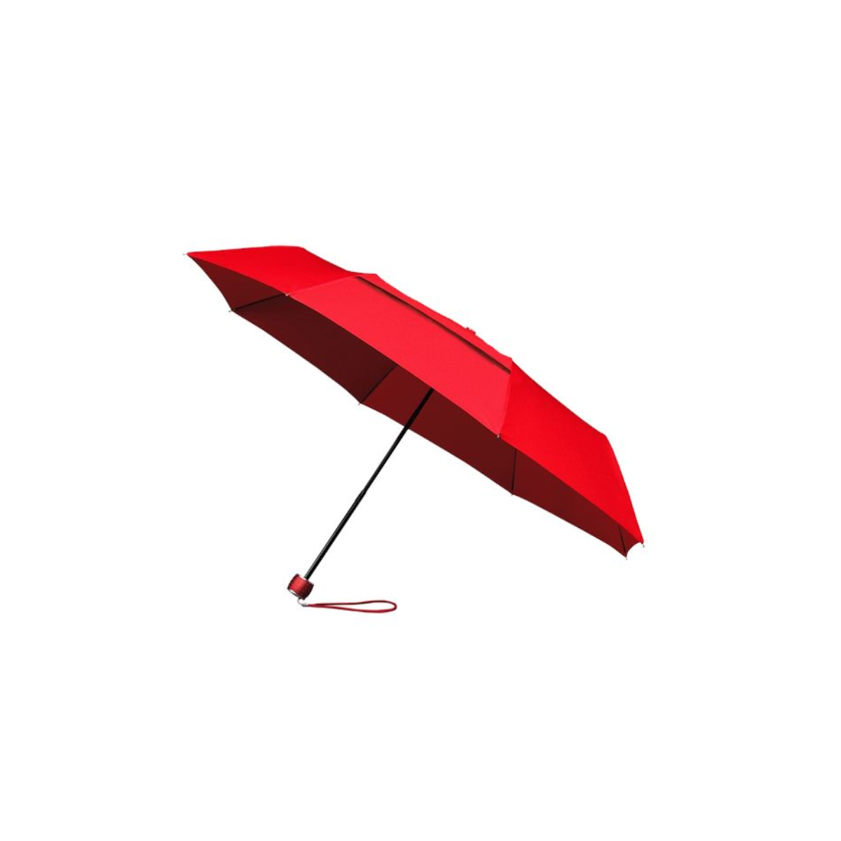Geopende rode paraplu met zwarte steel, rood handvat en rode polsband op een witte achtergrond.