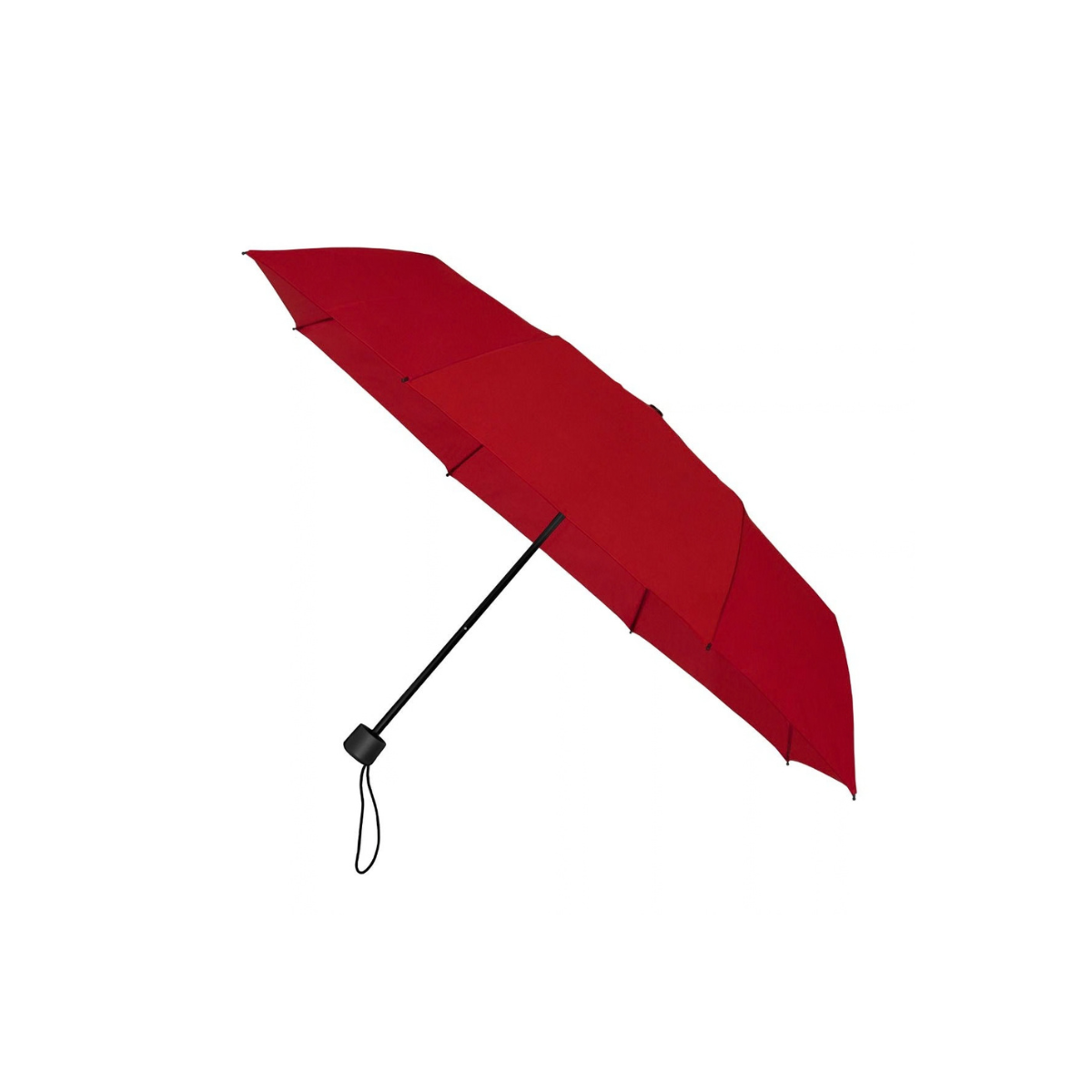 Geopende rode paraplu met zwarte steel, afgerond zwart handvat en polsband op een witte achtergrond.