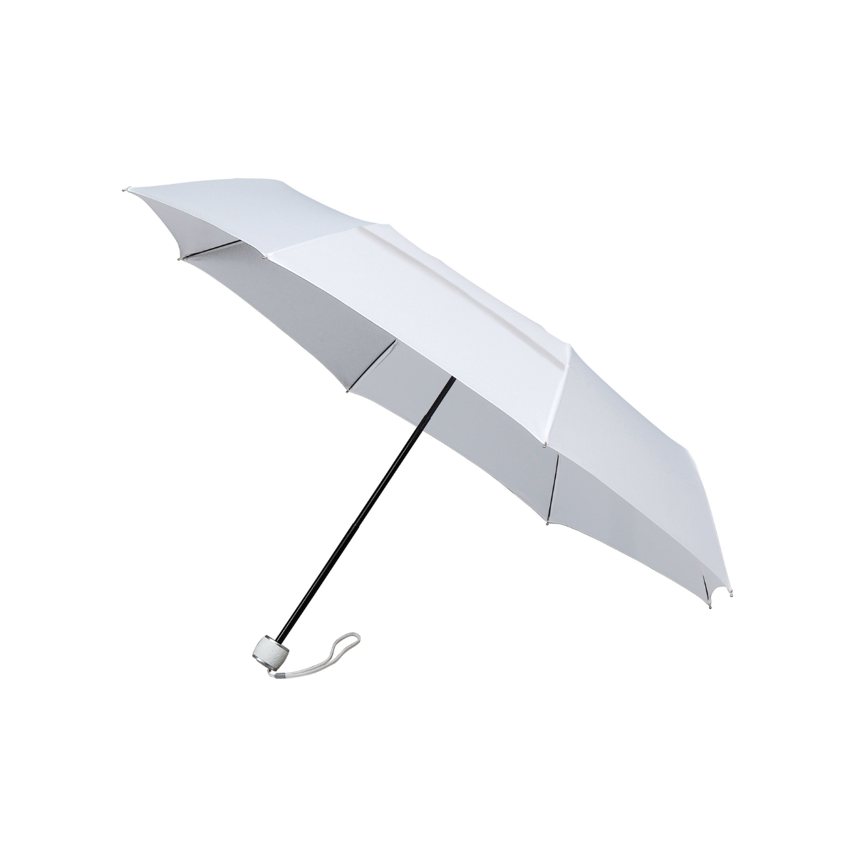 Geopende witte paraplu met zwarte steel, lichtgrijs handvat en polsband op een witte achtergrond.