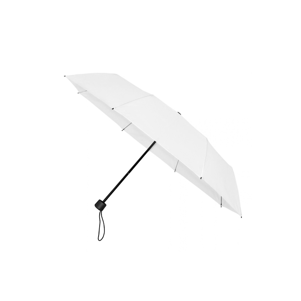 Geopende witte paraplu met zwarte steel, afgerond zwart handvat en polsband op een witte achtergrond.