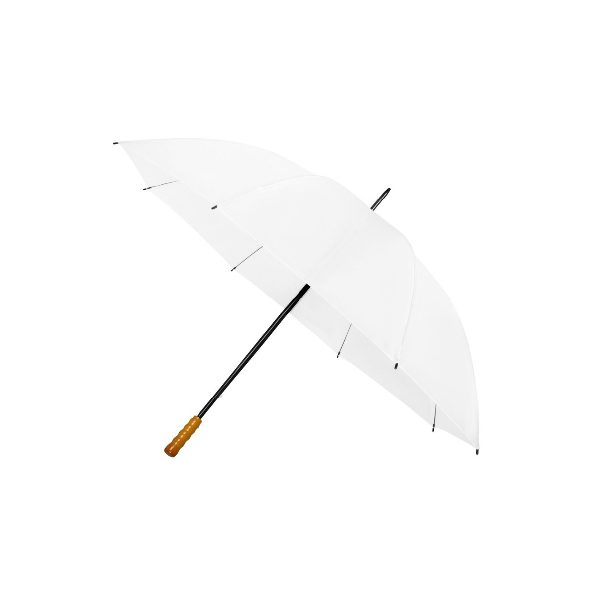 Geopende witte paraplu met zwarte steel en geprofileerd bruin handvat op een witte achtergrond.
