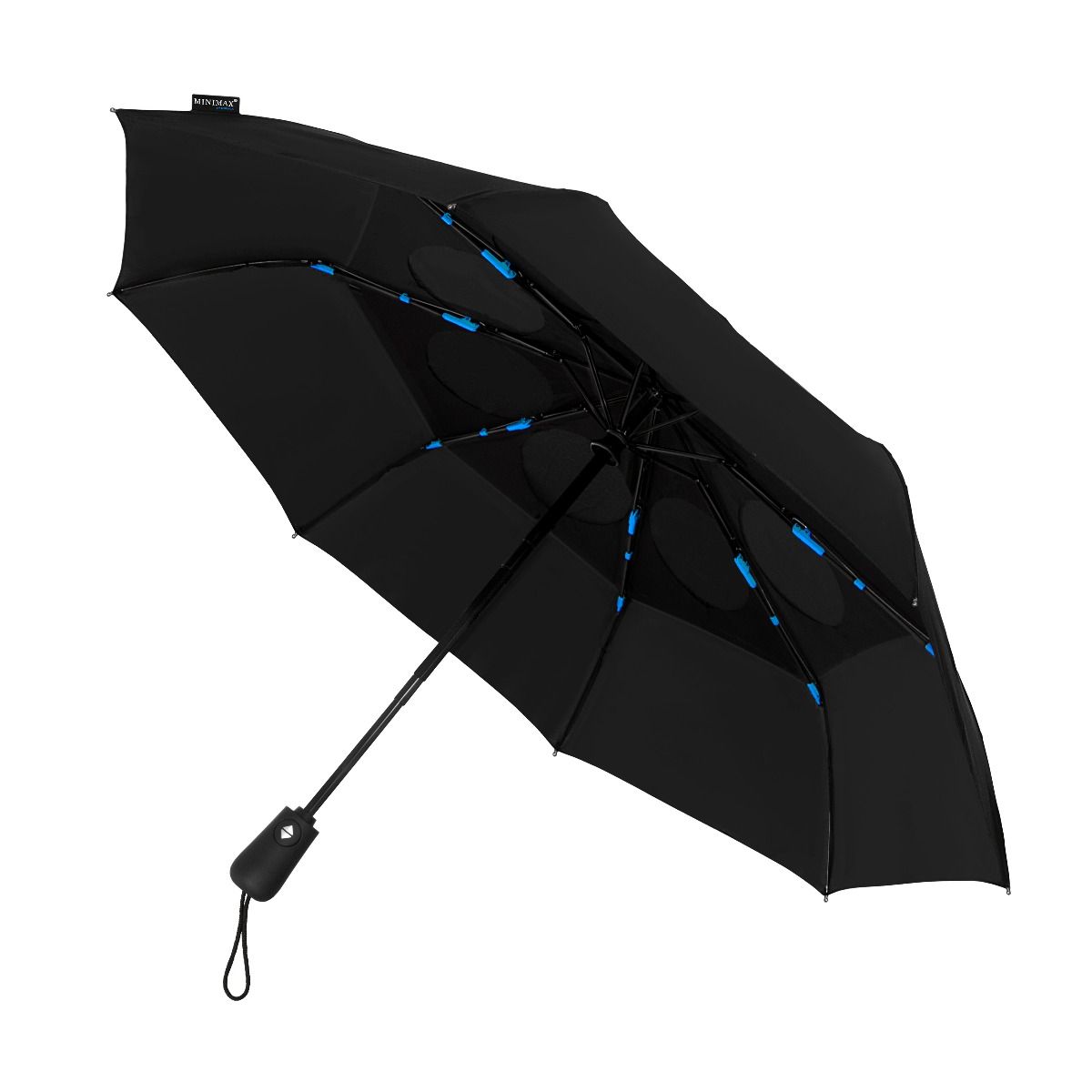 Binnenzijde van een geopende zwarte paraplu met blauwe details aan het frame, een zwart handvat en polsband.