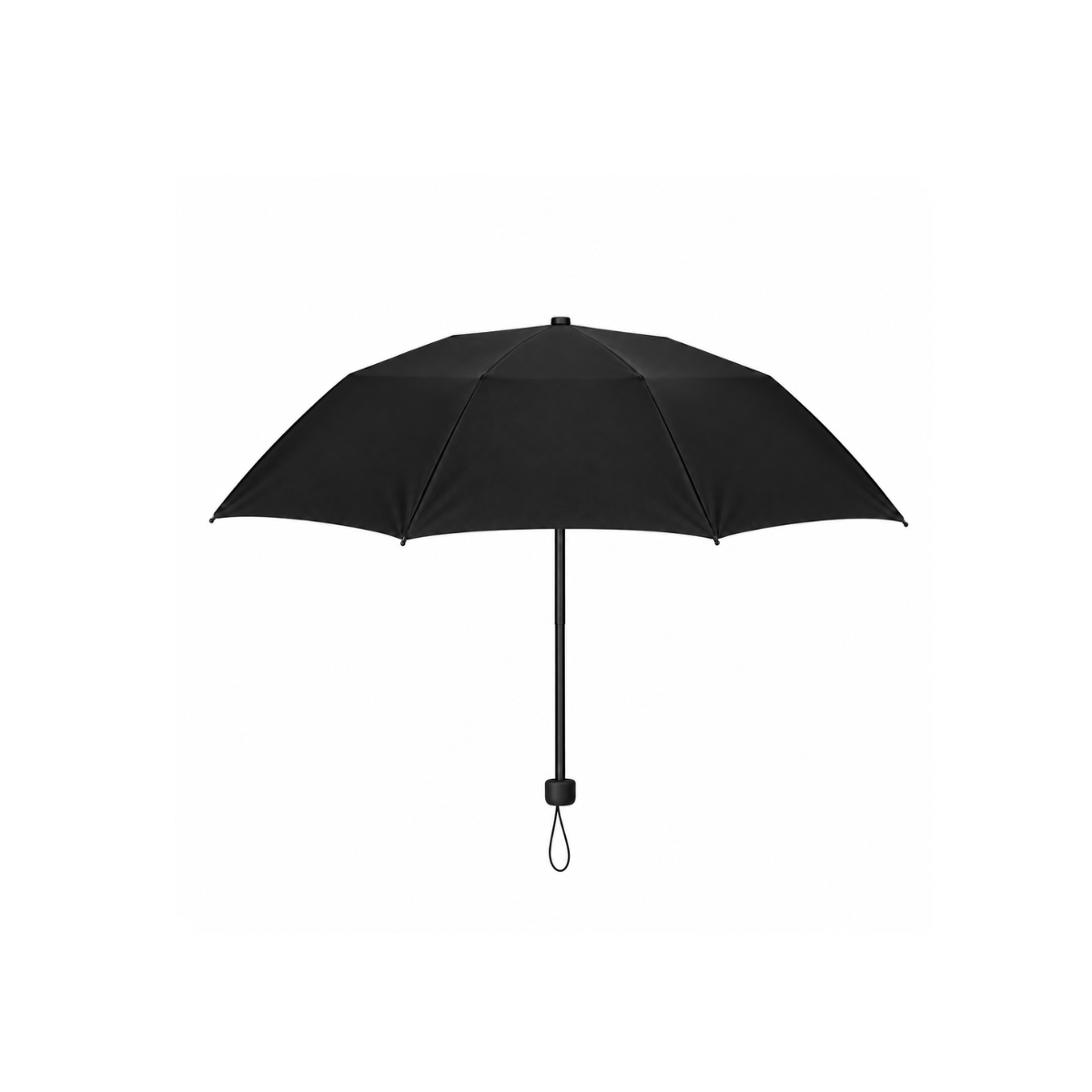 Geopende zwarte paraplu met zwarte steel, afgerond zwart handvat en polsband op een witte achtergrond.