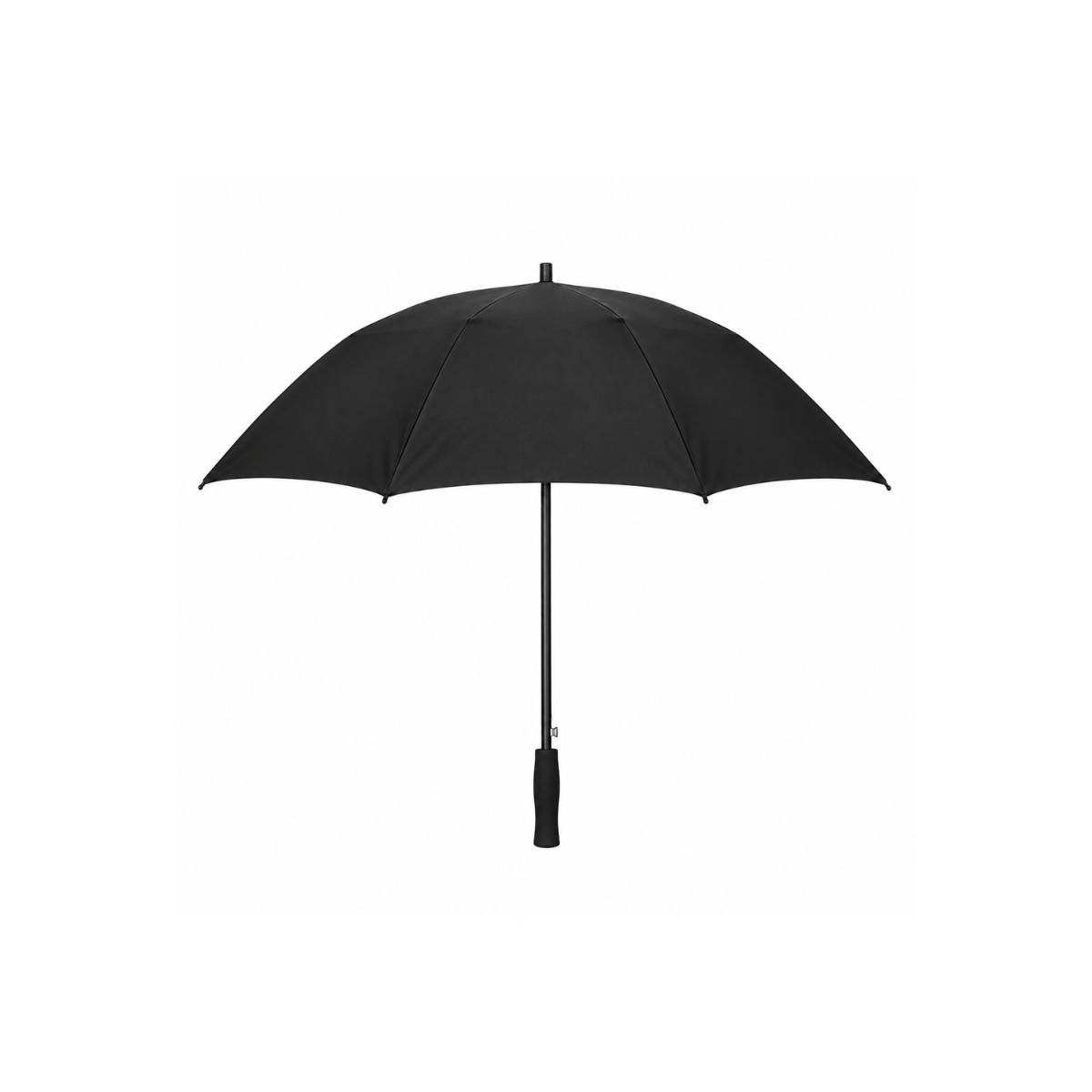 Geopende zwarte paraplu met zwarte steel en lang recht zwart handvat op een witte achtergrond.