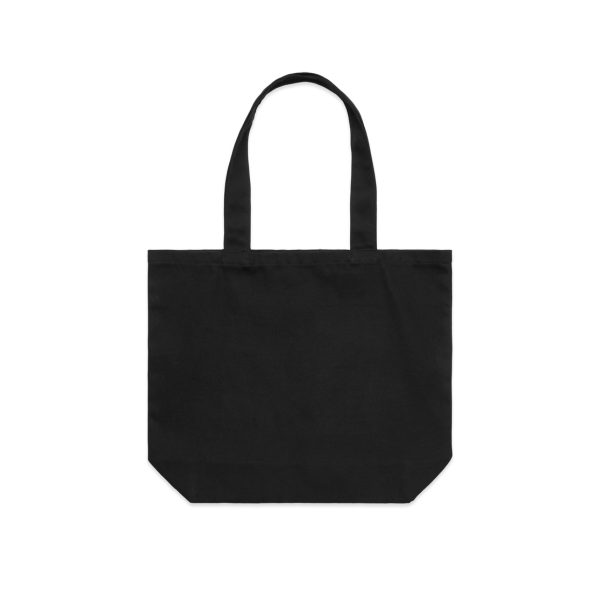 Zwarte tote bag met lange hengsels en zonder bedrukking, op een witte achtergrond.