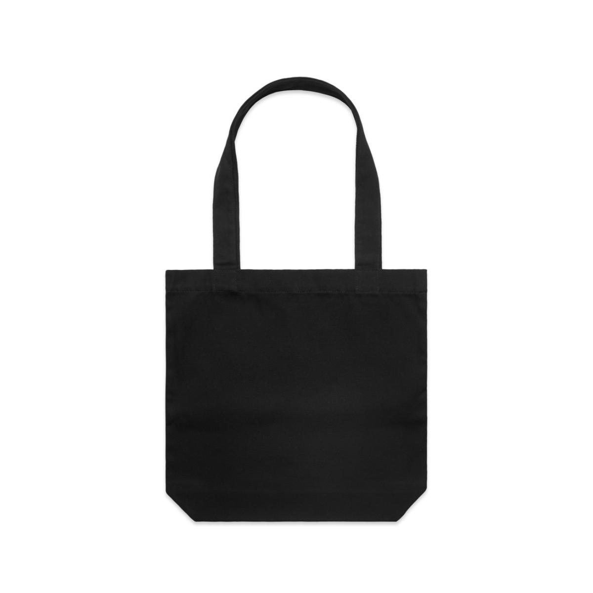 Onbedrukte zwarte tote bag met lange hengsels, van voren weergegeven op een witte achtergrond