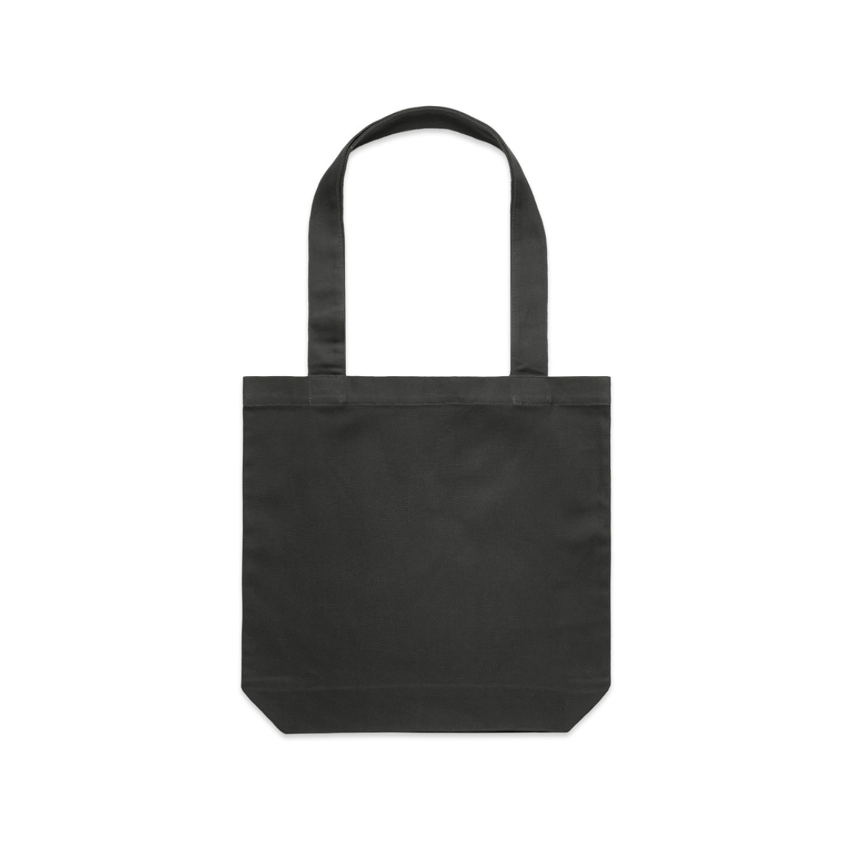 Zwarte coal tote bag met lange hengsels en zonder bedrukking, op een witte achtergrond.